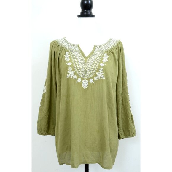 Talbots Olive Green Embroidered Peasant Blouse Size M Cotton 3/4 Sleeve Boho - Picture 1 of 8